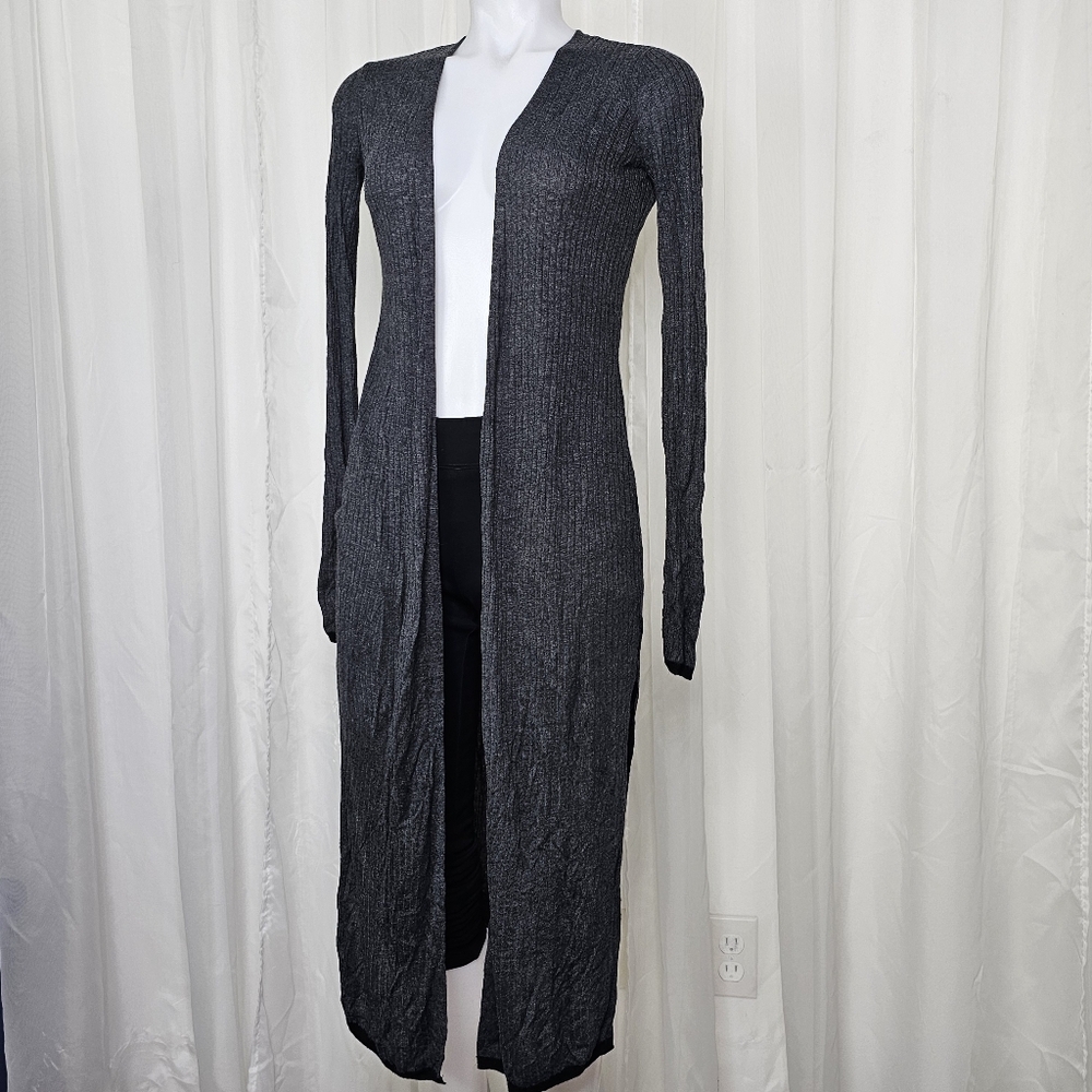 Express Long Gray Open Front Cardigan Fine Light Knit Black Trim Size Small